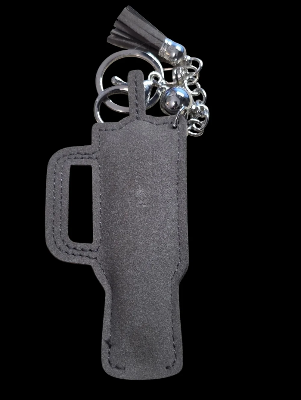 Crystal Studded Gray Tumbler Bag Charm Keychain with Tassel